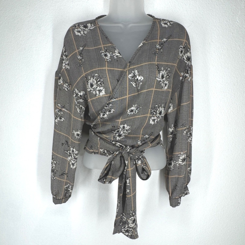 Vintage Gray Plaid Floral Wrap Top Long‎ Sleeve Medium Cropped Houndstooth Boho